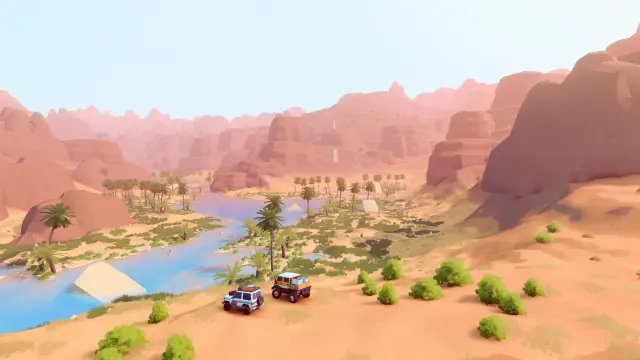 Vehicles above a desert canyon with clearly rendered ground and water