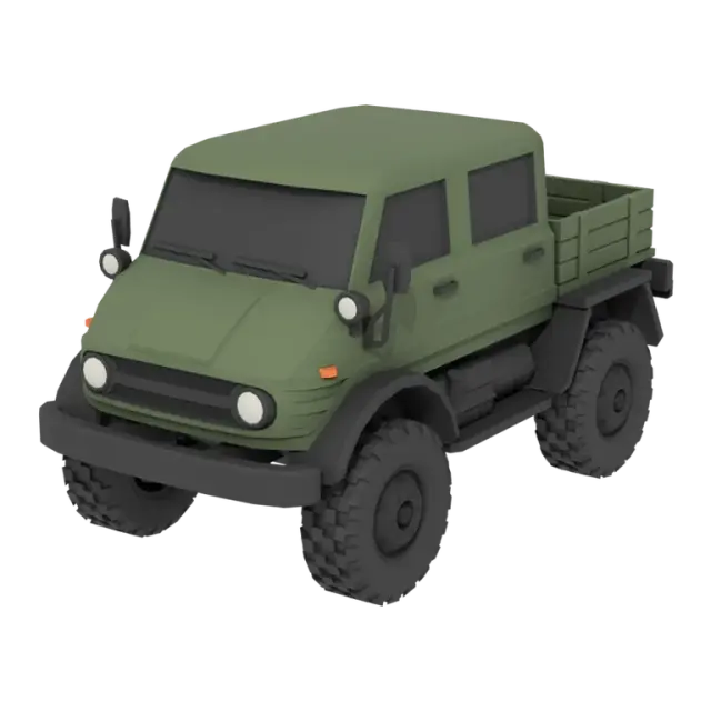 Das Mammoth vehicle model with large tires and a cargo bed