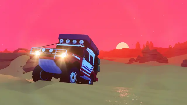 An off-road vehicle with wheels partly buried in sand
