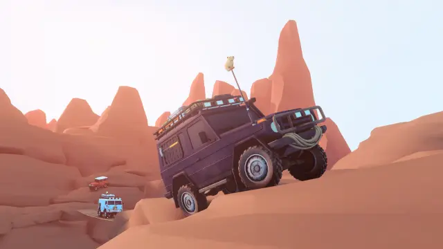 A vehicle carefully climbing a rocky desert ledge